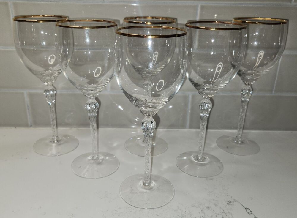 Set Of 6 Lenox Crystal Monroe Gold Trim Water Goblets Glasses Wine 8.5" USA